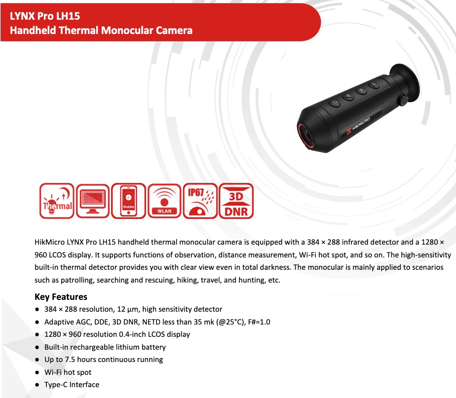 HIKMICRO LINX Pro HD LH15 Monocolo THERMAL Dig.Zoom 1.47/11.76x 8G Wifi 1280×960 Lens 15mm (A)